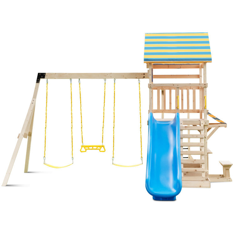 Hivvago Wooden Swing Set With Large Upper Deck Slide And Steering Wheel
