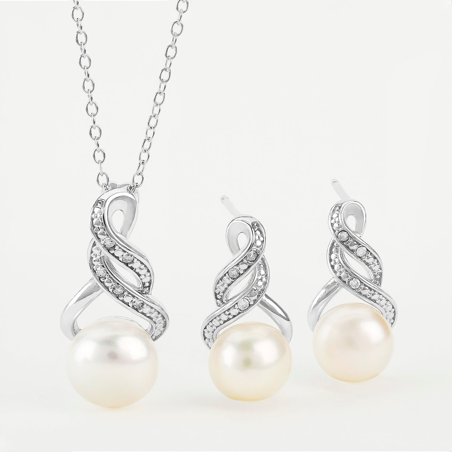 Sterling Silver Cultured Freshwater Pearl and Diamond Accent Pendant Necklace and Drop Earring Jewelry Set