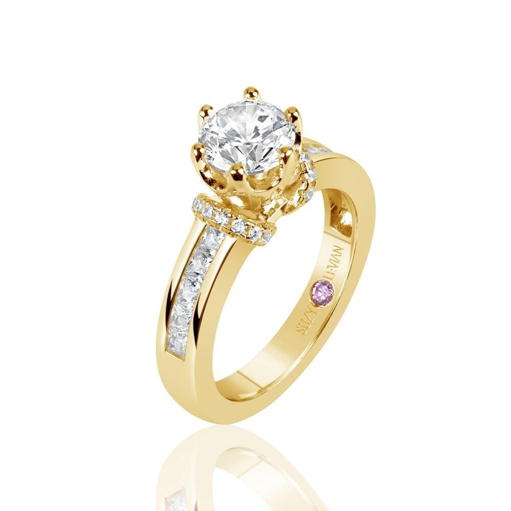 Suzy Levian Golden Sterling Silver Cubic Zirconia Round Cut Engagement Ring