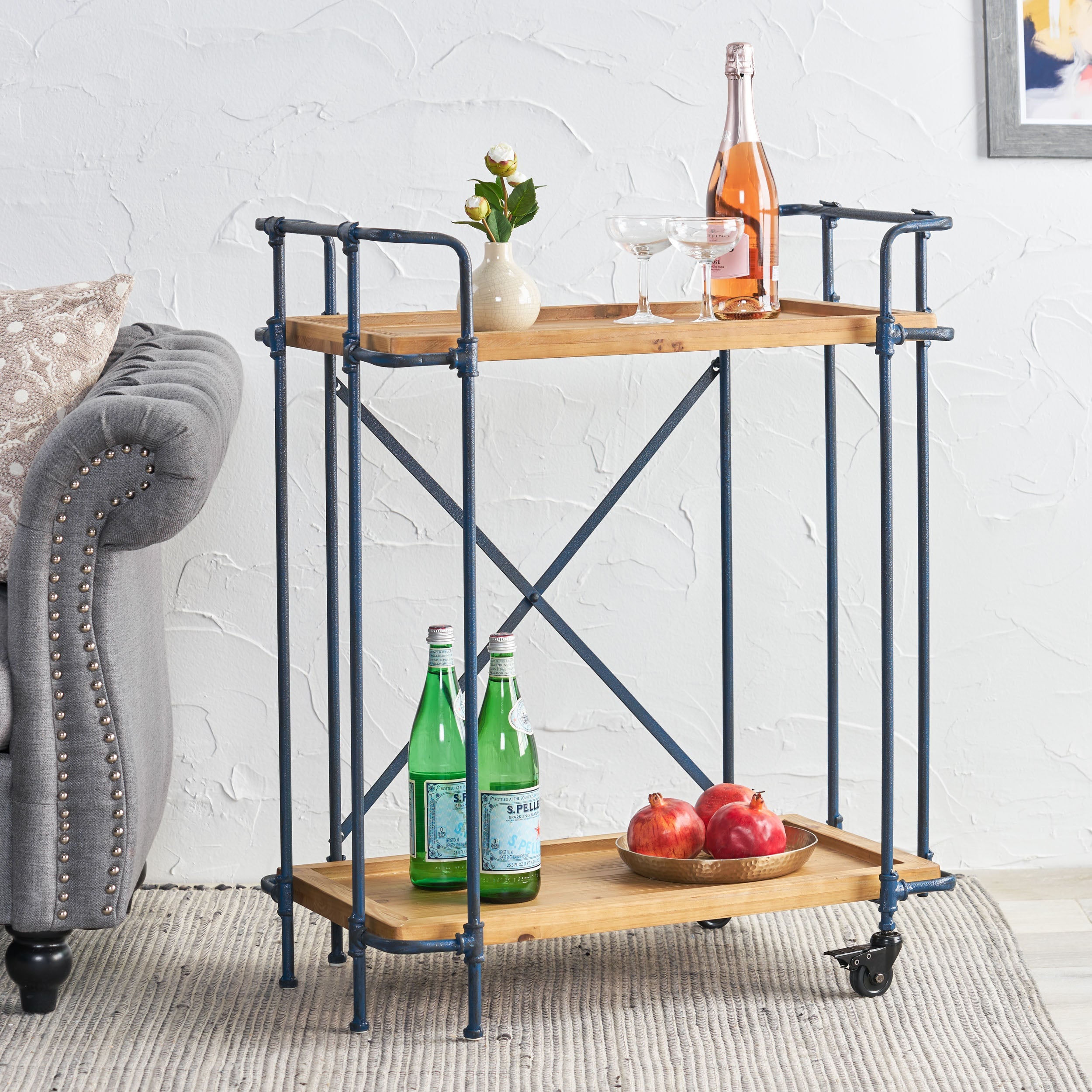 Streamdale Rustic Firwood Bar Cart with Iron Frame and Rolling Wheels for Home Use