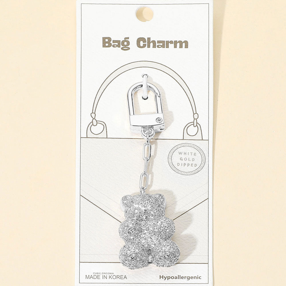 White Gold Dipped CZ Stone Paved Teddy Bear Drop Keychain / Bag Charm