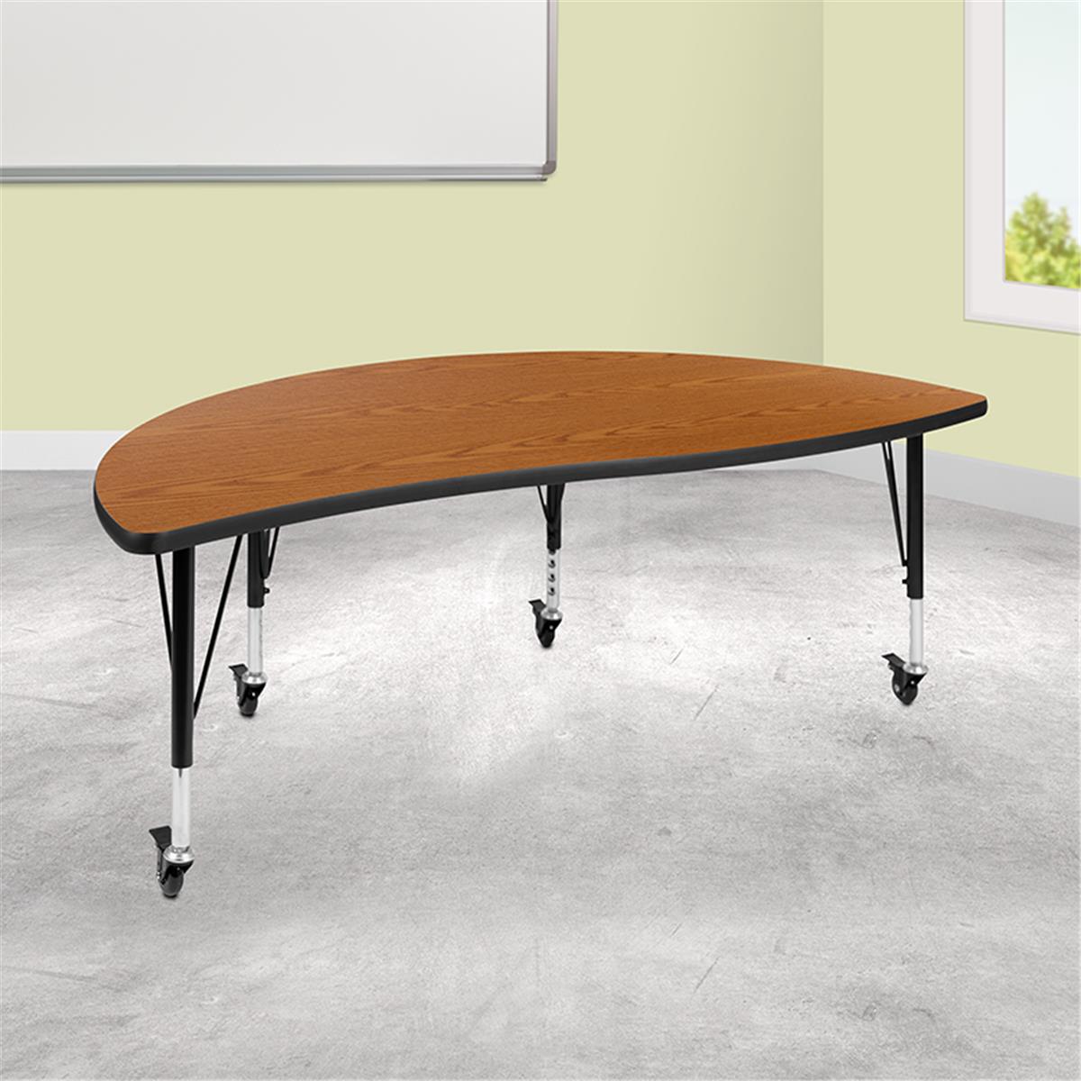 Flash Furniture  60 in. Mobile Half Circle Wave Flexible Collaborative Thermal Laminate Activity Table with Height Adjustable Short Legs, Oak