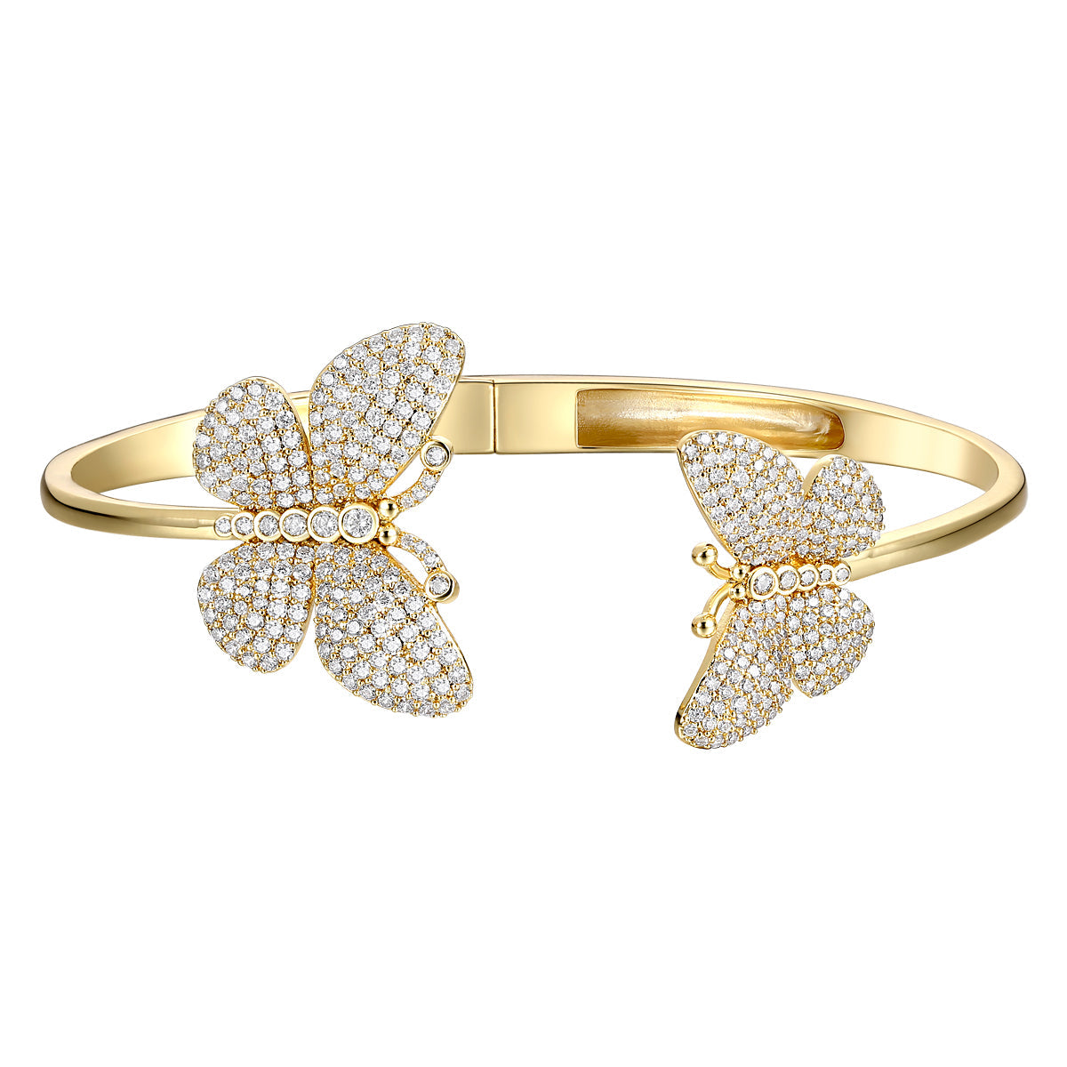 Rg 14k Gold Plated with Diamond Cubic Zirconia French Pave Butterfly Open Cuff Bangle Bracelet