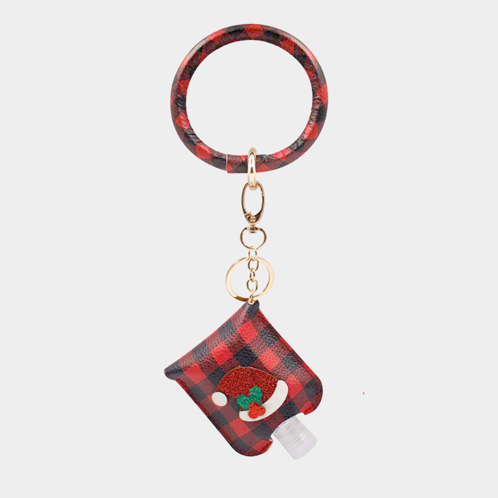 Santa Hat Faux Leather Case with Empty Hand Sanitizer Bottle Set Keychain Red