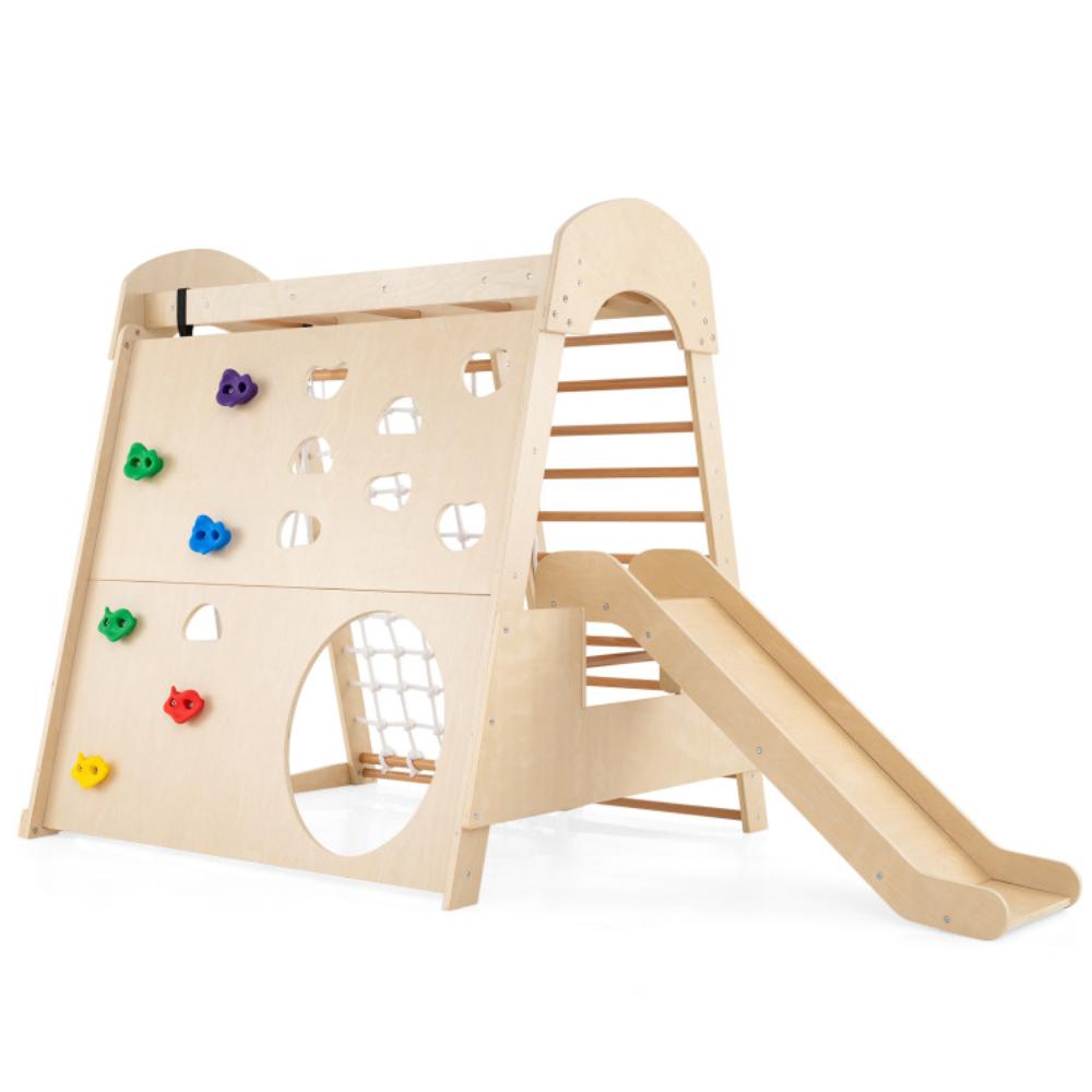 Hivvago 8-in-1 Indoor Jungle Gym Wooden Playground with Swing and Climbing Wall-Natural