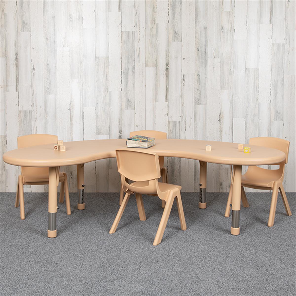 Flash Furniture  35 x 65 in. Half-Moon Plastic Height Adjustable Activity Table Set with 4 Chairs, Natural Color