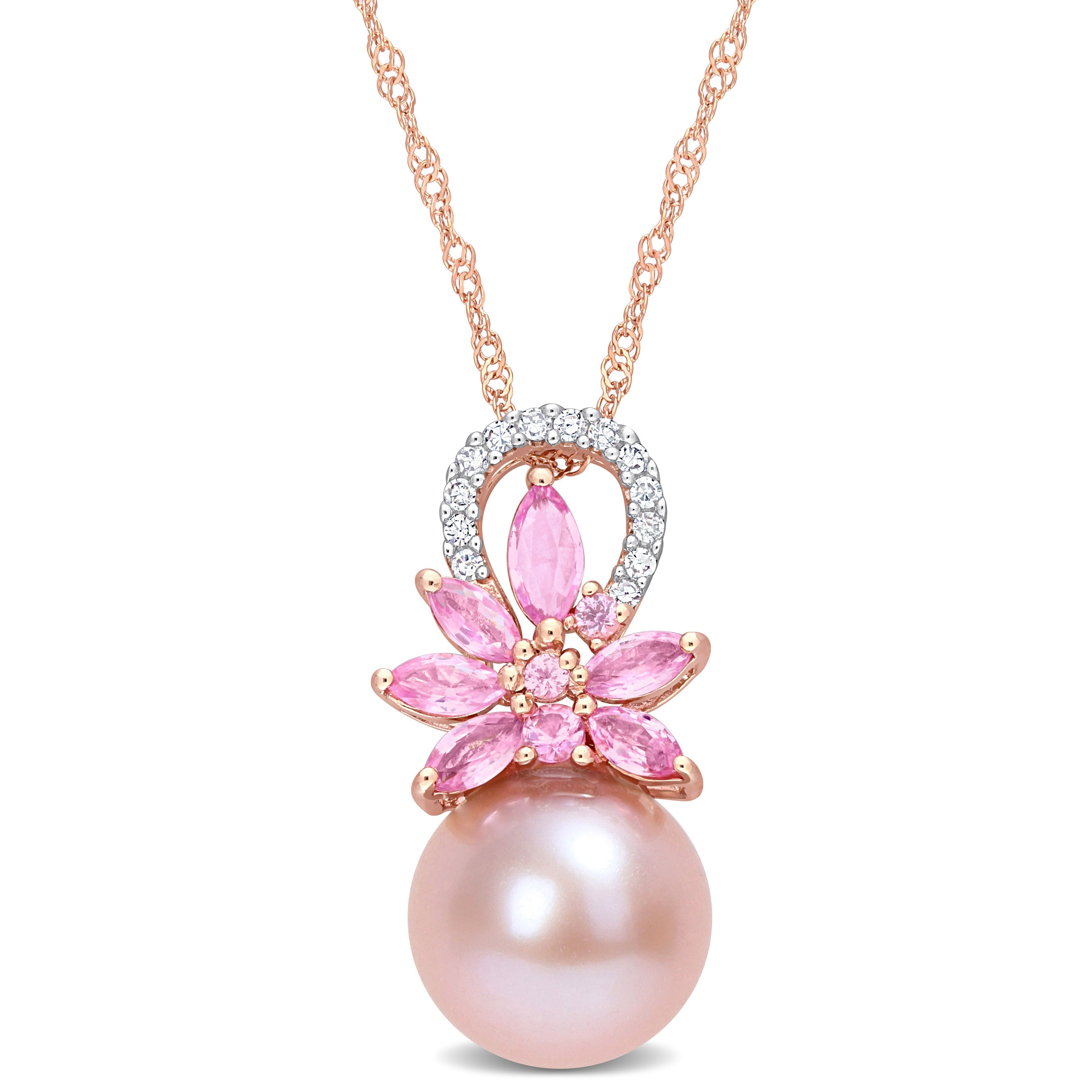 9.5-10 MM Cultured Freshwater Pearl and 1/2 CT TGW Pink Sapphire andnd Diamond Accent Flower Pendant with Chain in 14k Rose Gold