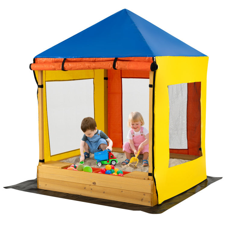 Kids Wooden Sandbox with Canopy Large Sand Pit with Mesh Windows and Bottom Liner