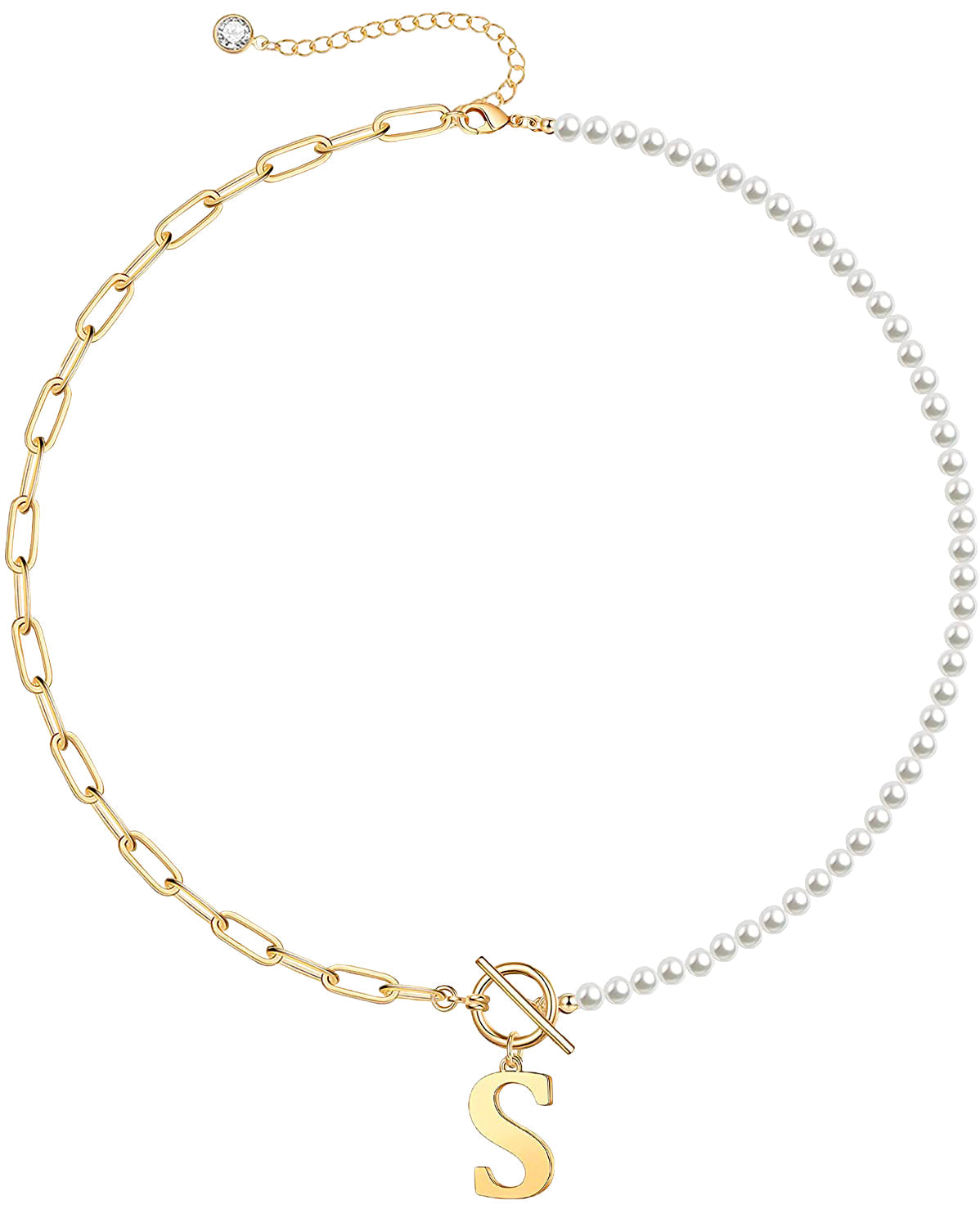 Rg  14K Gold Plated Initial Pearl Link Chain Necklace