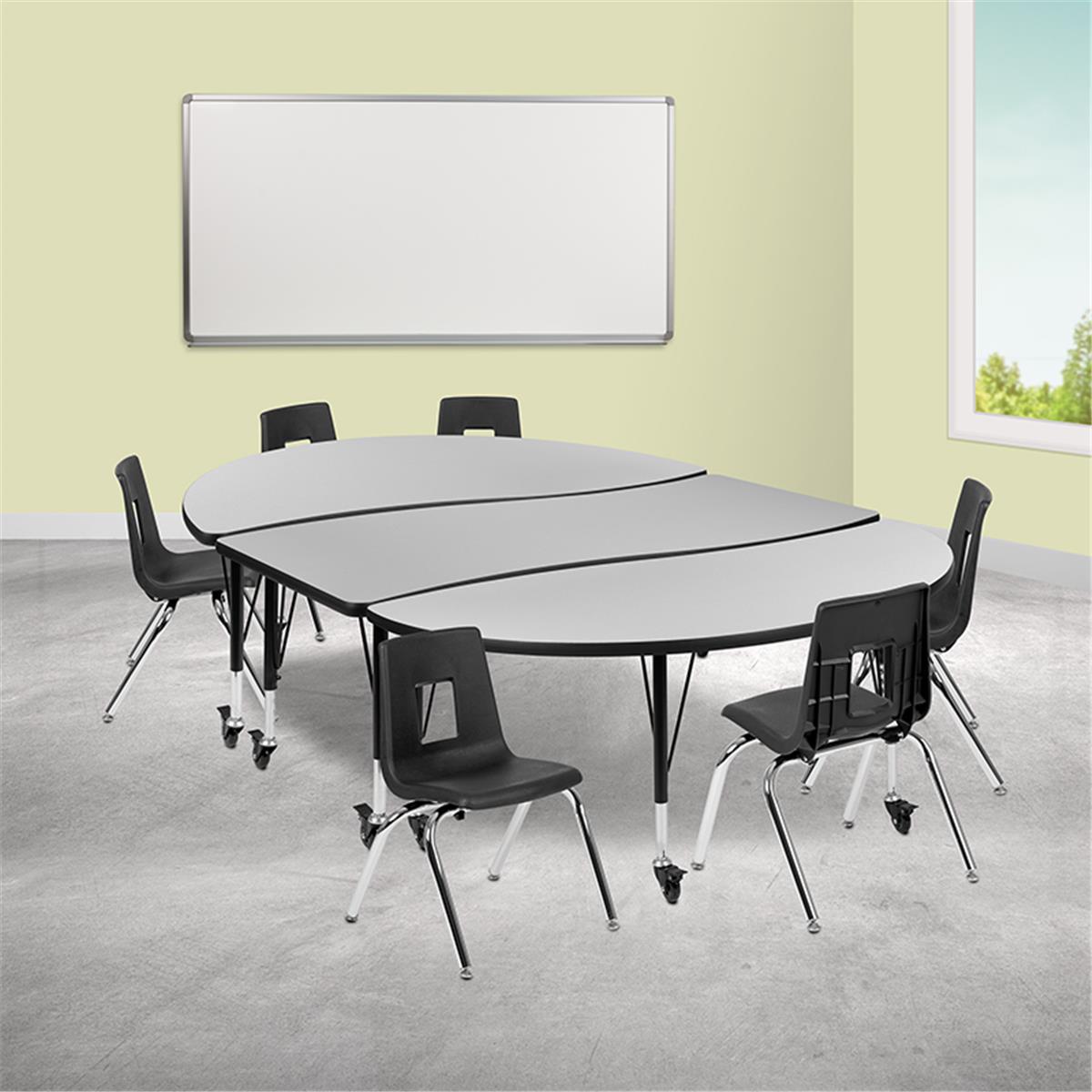 Flash Furniture  86 in. Mobile Oval Wave Flexible Laminate Activity Table Set with 14 in. Student Stack Chairs Grey & Black