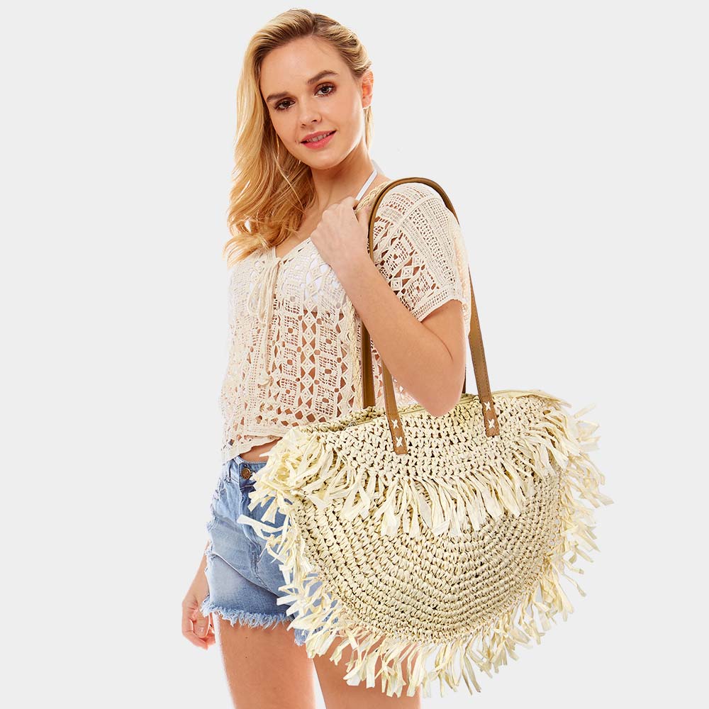 Round Straw Fringe Bag