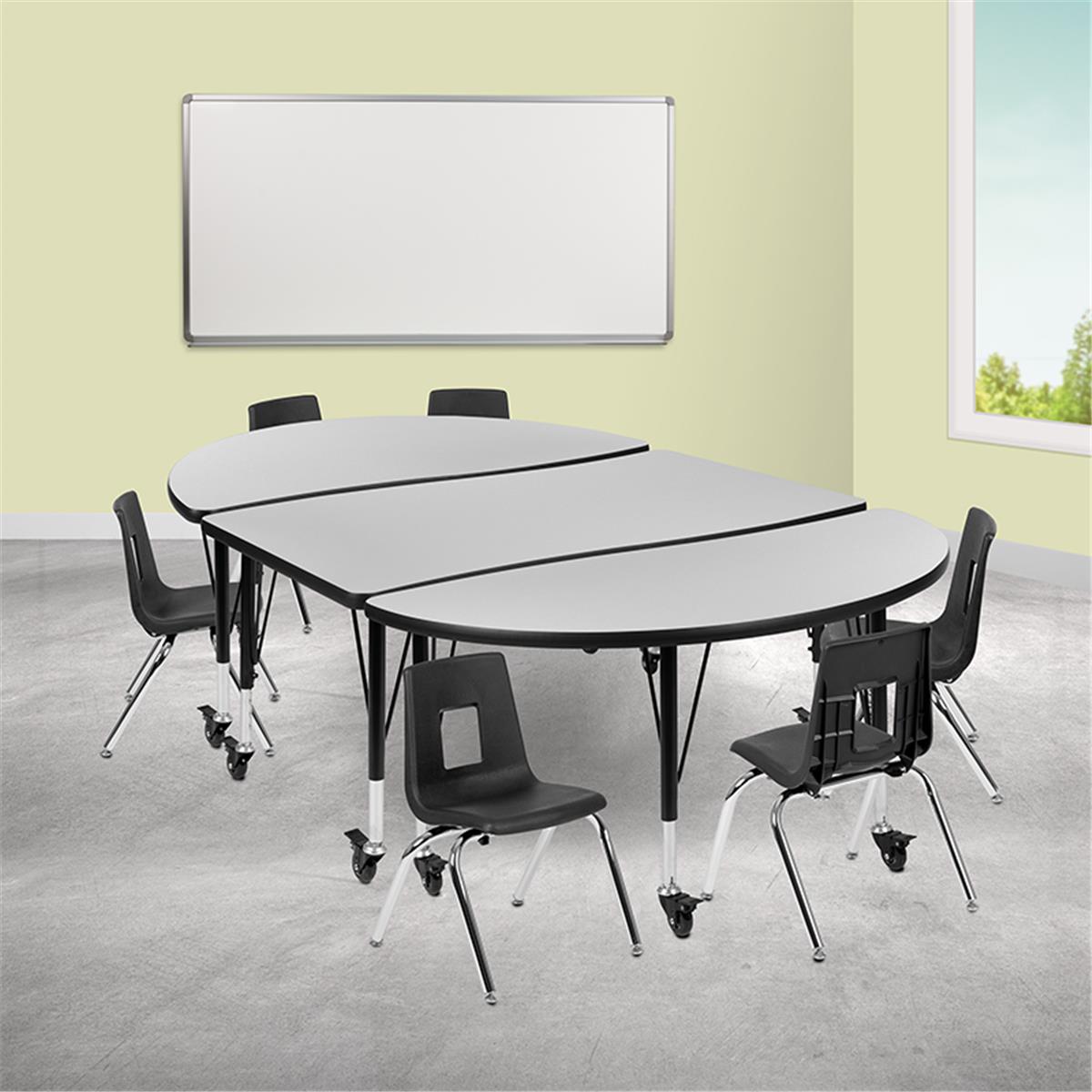 Flash Furniture  76 in. Mobile Oval Wave Flexible Laminate Activity Table Set with 12 in. Student Stack Chairs Grey & Black