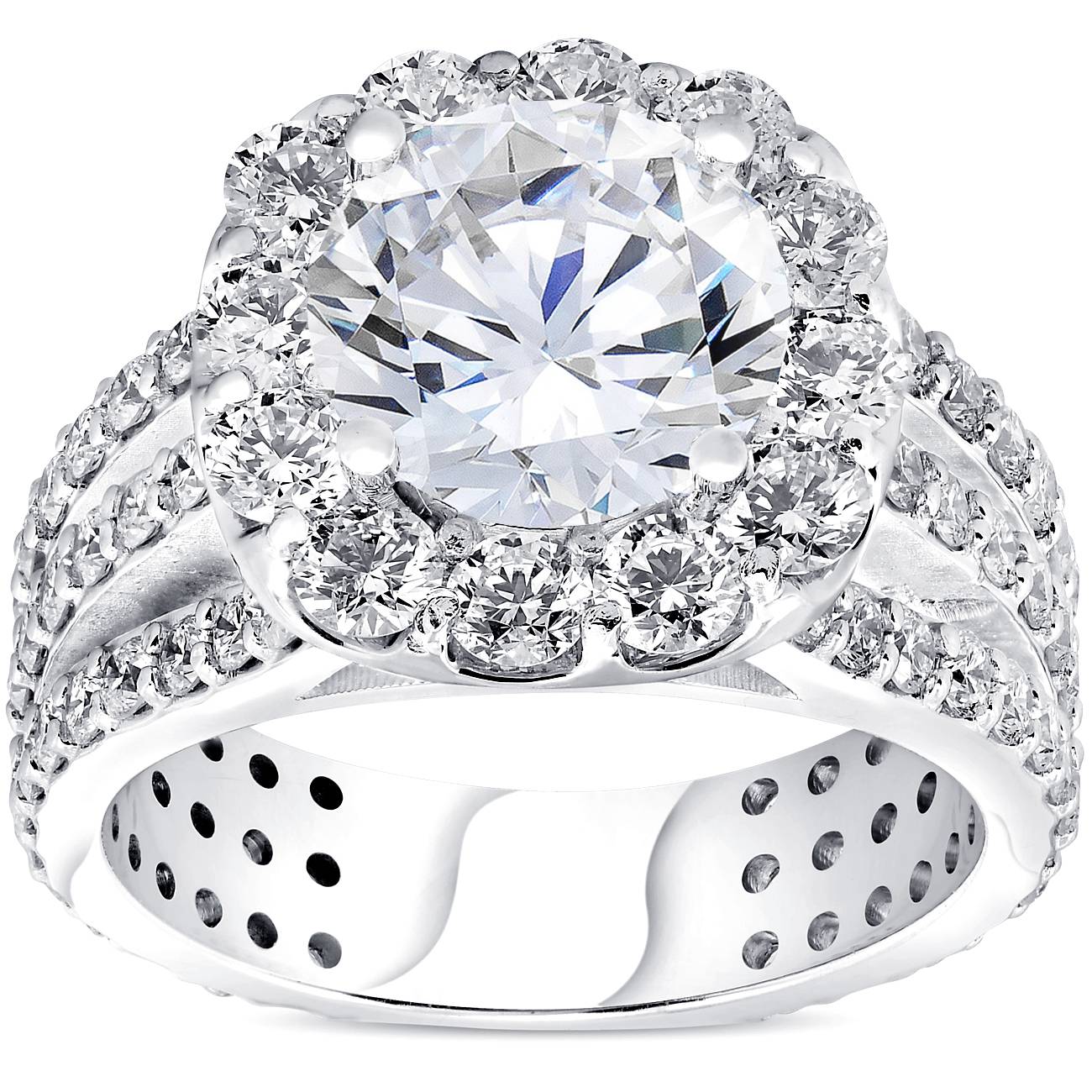 4 1/2ct Cushion Halo Diamond 3-Row Engagement Ring 14k White Gold