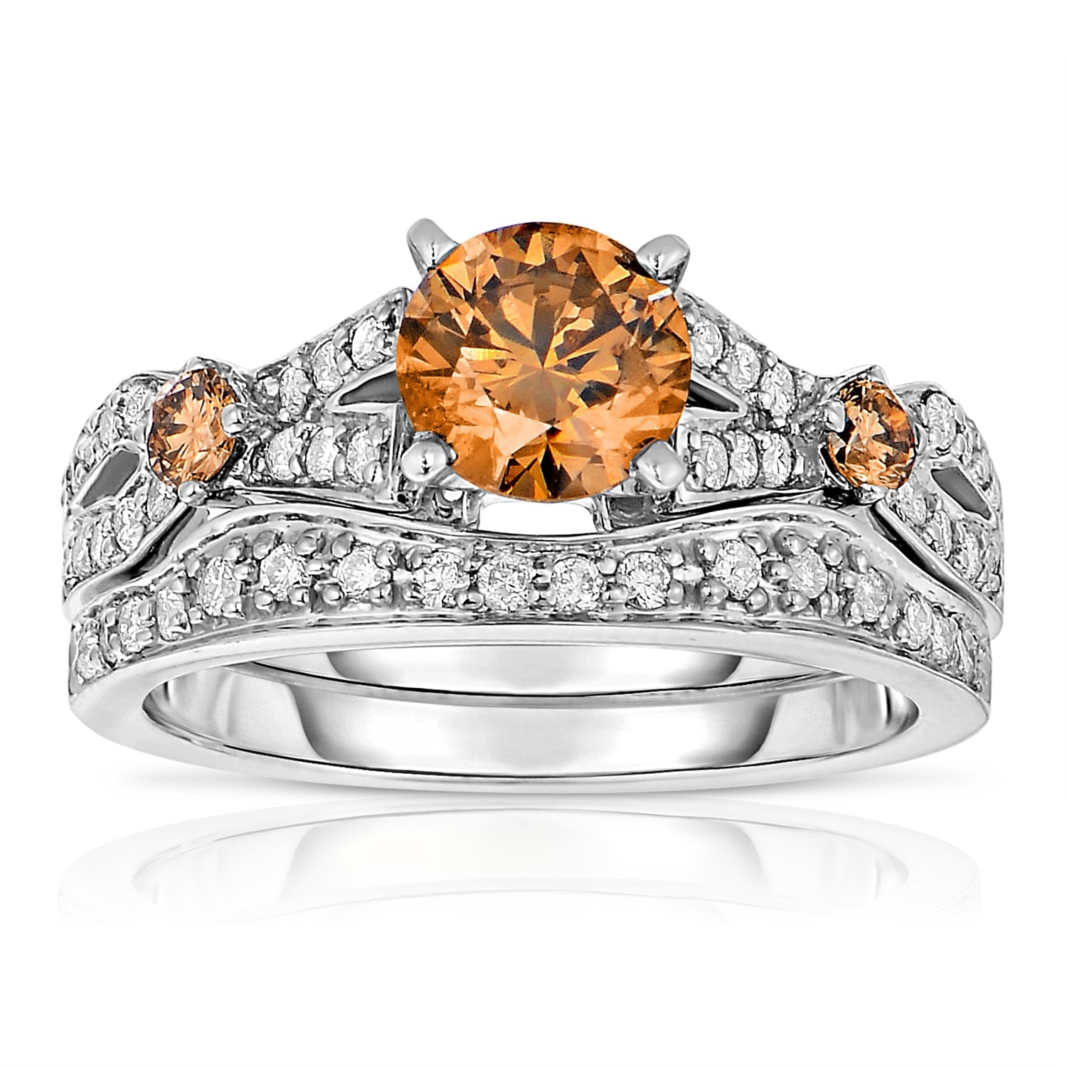 1.60 cttw 3 Stone Champagne Diamond Engagement Ring 14K White Gold