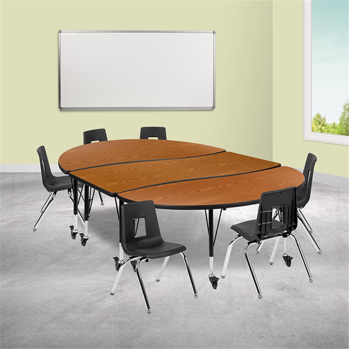 Flash Furniture  86 in. Mobile Oval Wave Flexible Laminate Activity Table Set with 14 in. Student Stack Chairs Oak & Black