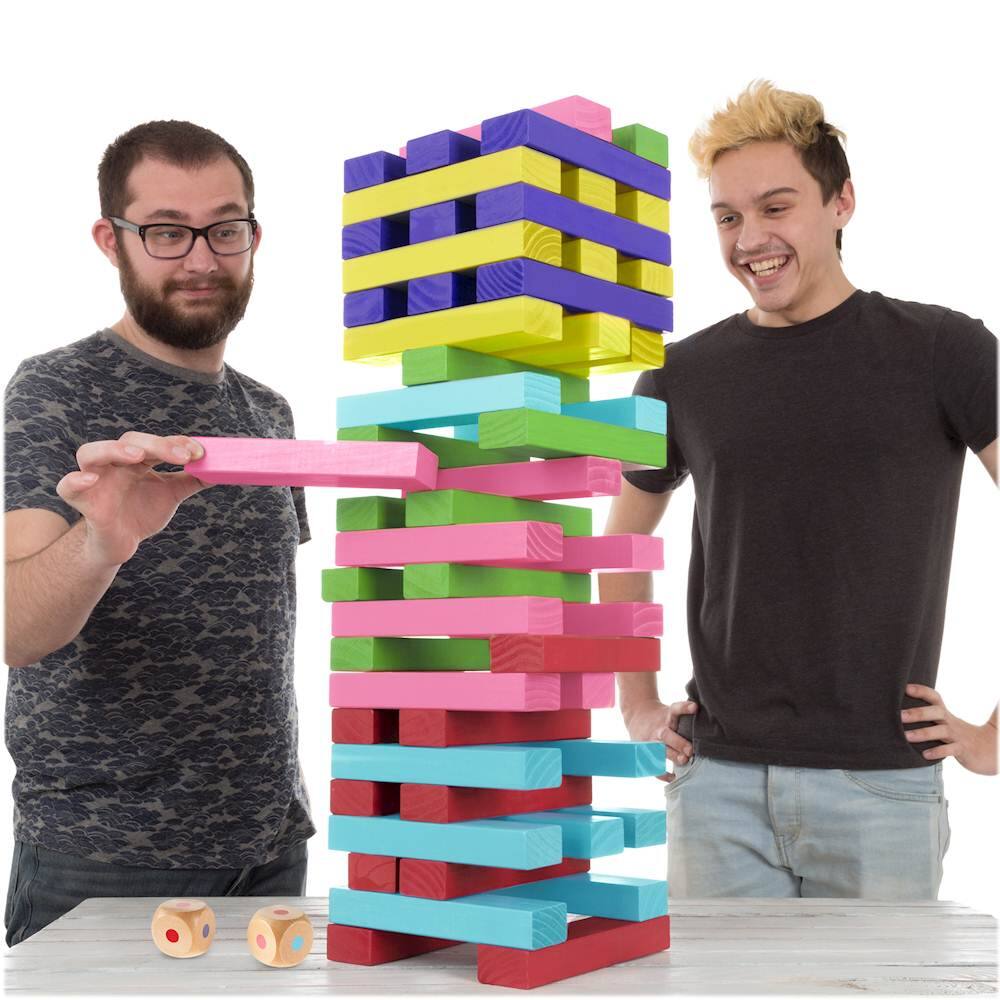 Hey! Play! - Nontraditional Giant Wooden Blocks Tower Stacking Game with Dice, Outdoor Yard Game  (Rainbow Color)