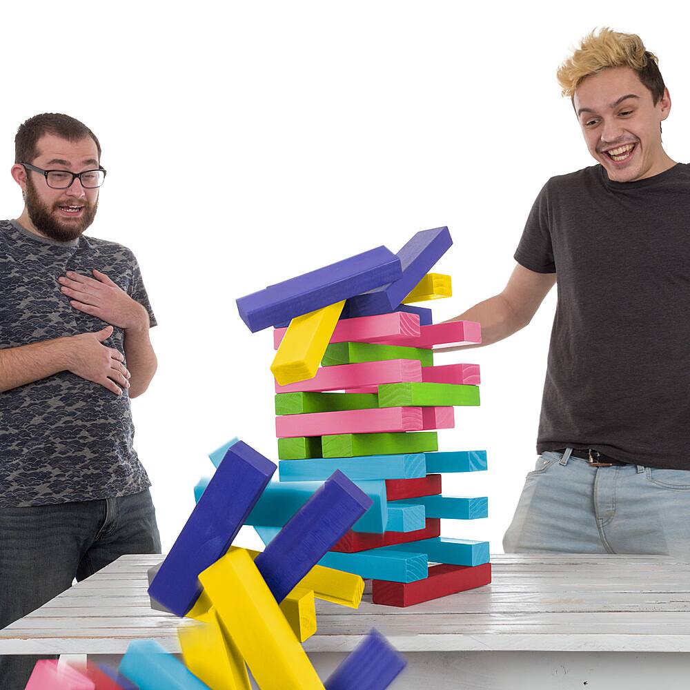 Hey! Play! - Nontraditional Giant Wooden Blocks Tower Stacking Game with Dice, Outdoor Yard Game  (Rainbow Color)