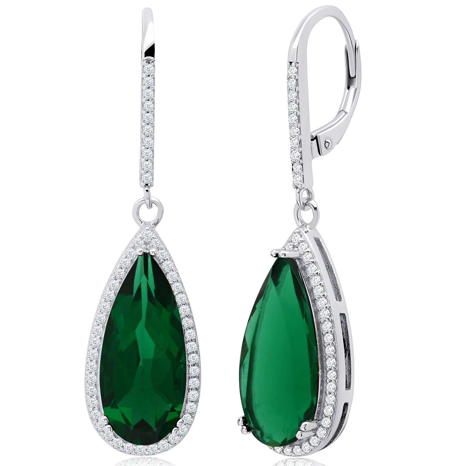 Pear Cut Gemstone Quartz and White Topaz Halo Dangle Leverback Earrings in Sterling Silver (18x8mm)