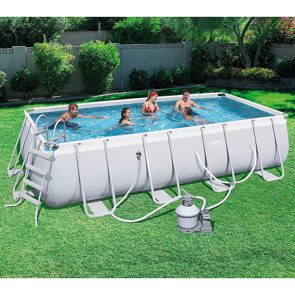 Bestway - 18ft x 9ft x 4ft Rectangular Above Ground Swimming Pool w/ Ladder & Pump - Gray