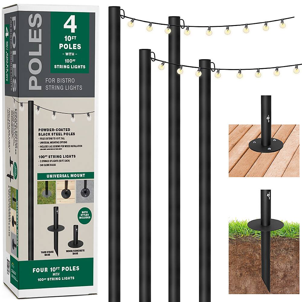 Excello Global Products - Bistro String Light Poles - 4 Pack - Extends to 10 Feet - 100 Feet of String Lights Included - Black