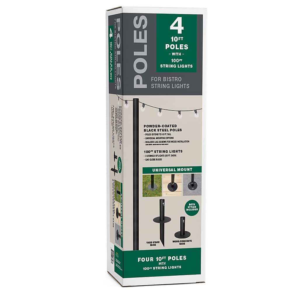 Excello Global Products - Bistro String Light Poles - 4 Pack - Extends to 10 Feet - 100 Feet of String Lights Included - Black
