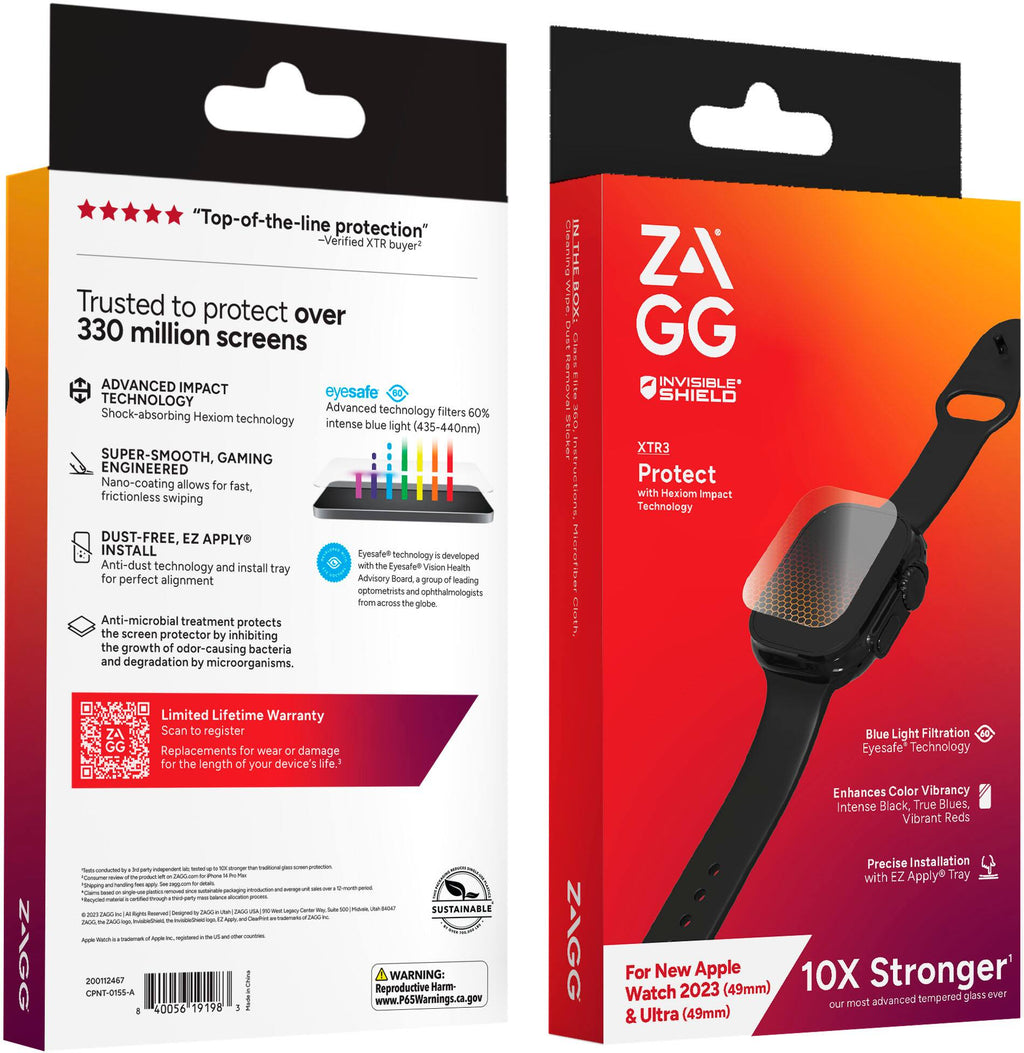 ZAGG - InvisibleShield Glass XTR3 Eco Advanced Edge-to-Edge & Anti-Reflective Screen Protector for Apple Watch Ultra 49mm - Clear