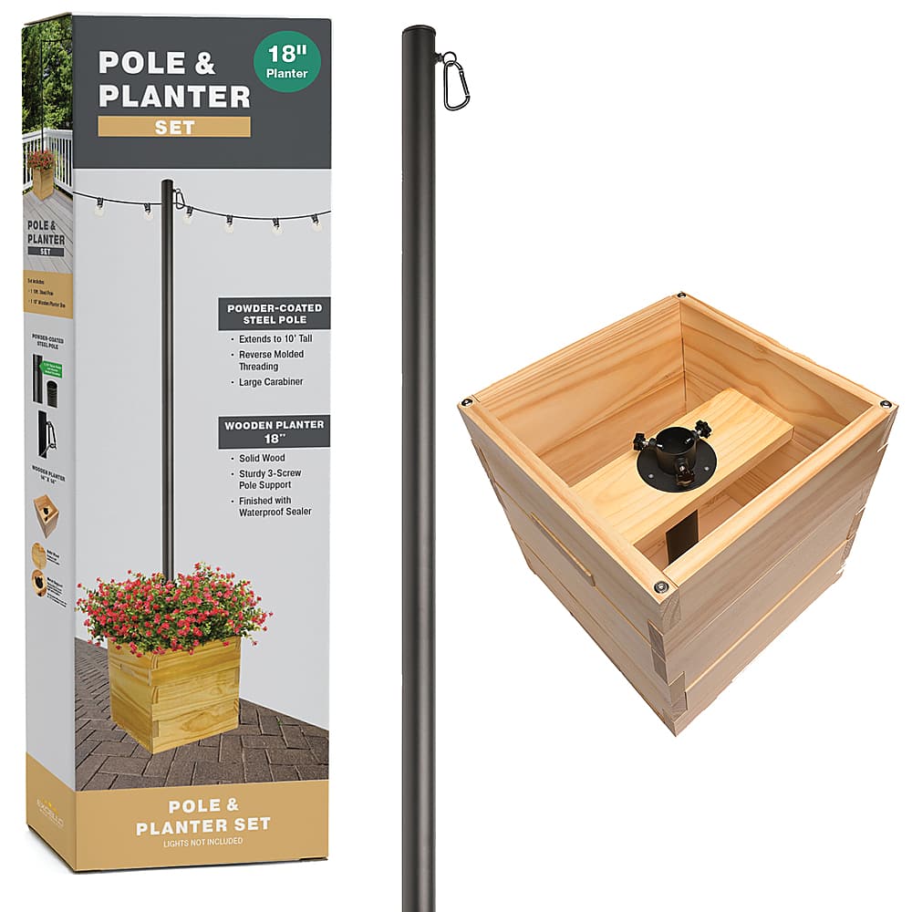 Excello Global Products - Extra Large 18"x18"x18" Wooden Planter Box and String Light Pole Set - Brown