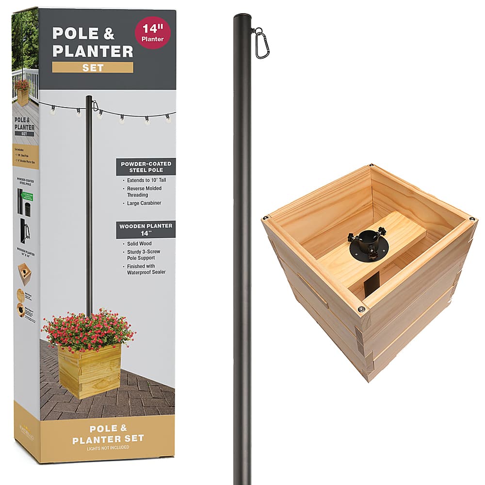 Excello Global Products - Large 14"x14"x14" Wooden Planter Box and String Light Pole Set - Brown