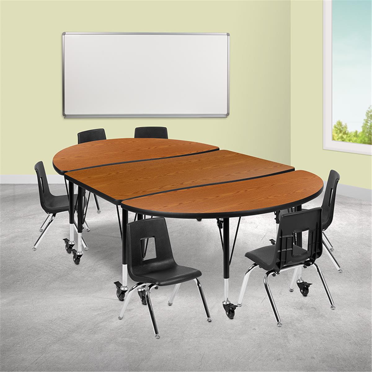 Flash Furniture  76 in. Mobile Oval Wave Flexible Laminate Activity Table Set with 14 in. Student Stack Chairs Oak & Black