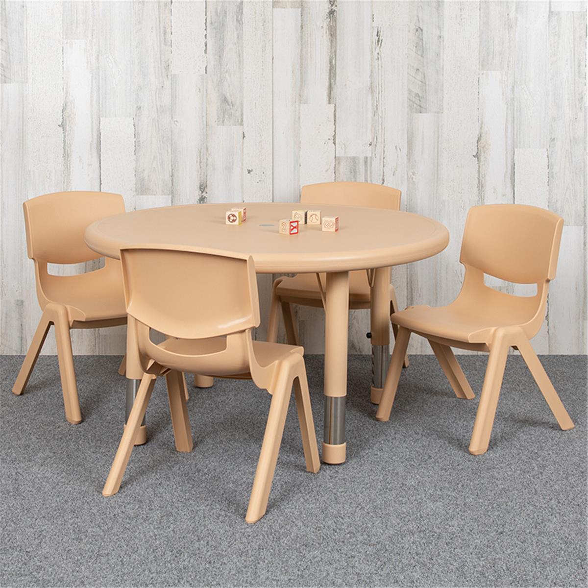 Flash Furniture  33 in. Round Plastic Height Adjustable Activity Table Set with 4 Chairs, Natural Color