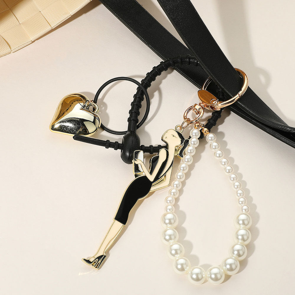 SECRET BOX_Enamel Lady Metal Heart Charm Pearl Beaded Wristlet Bag Charm / Keychain
