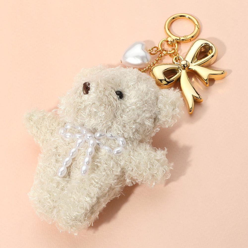 Pearl Heart Bow Charm Teddy Bear Plush Doll Keychain / Bag Charm
