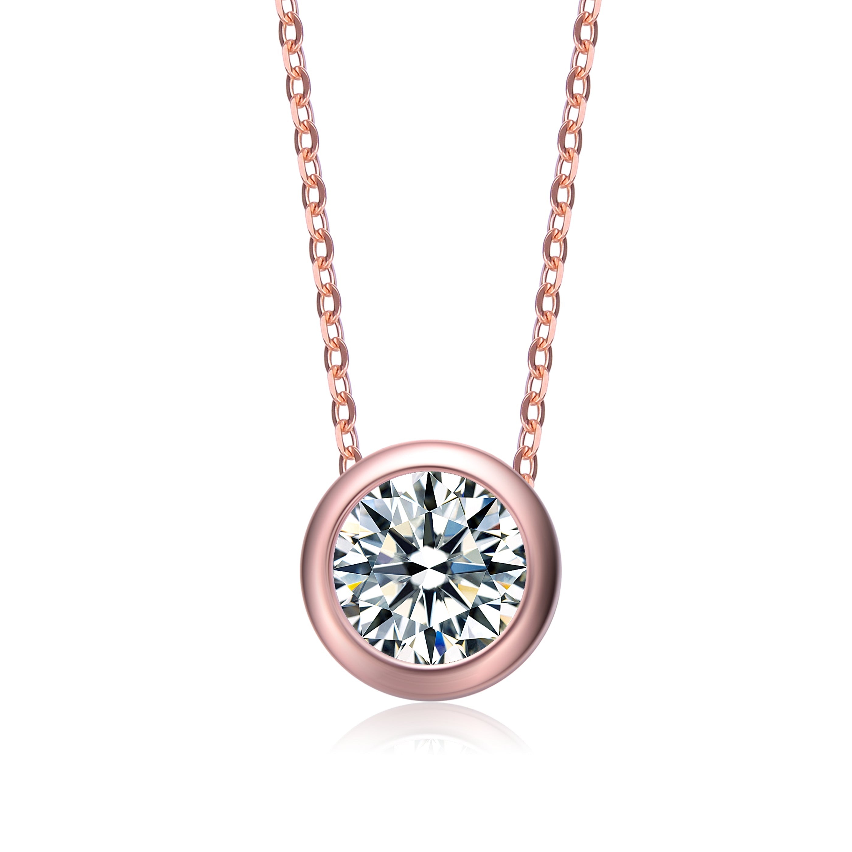 Rg White Gold Plated with Diamond Cubic Zirconia Round Solitaire Bezel Floating Pendant Necklace