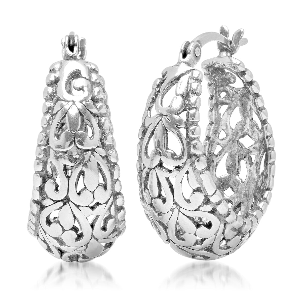 Sterling Silver Filigree Click-Top Oval Hoop Earrings (0.75 inches)