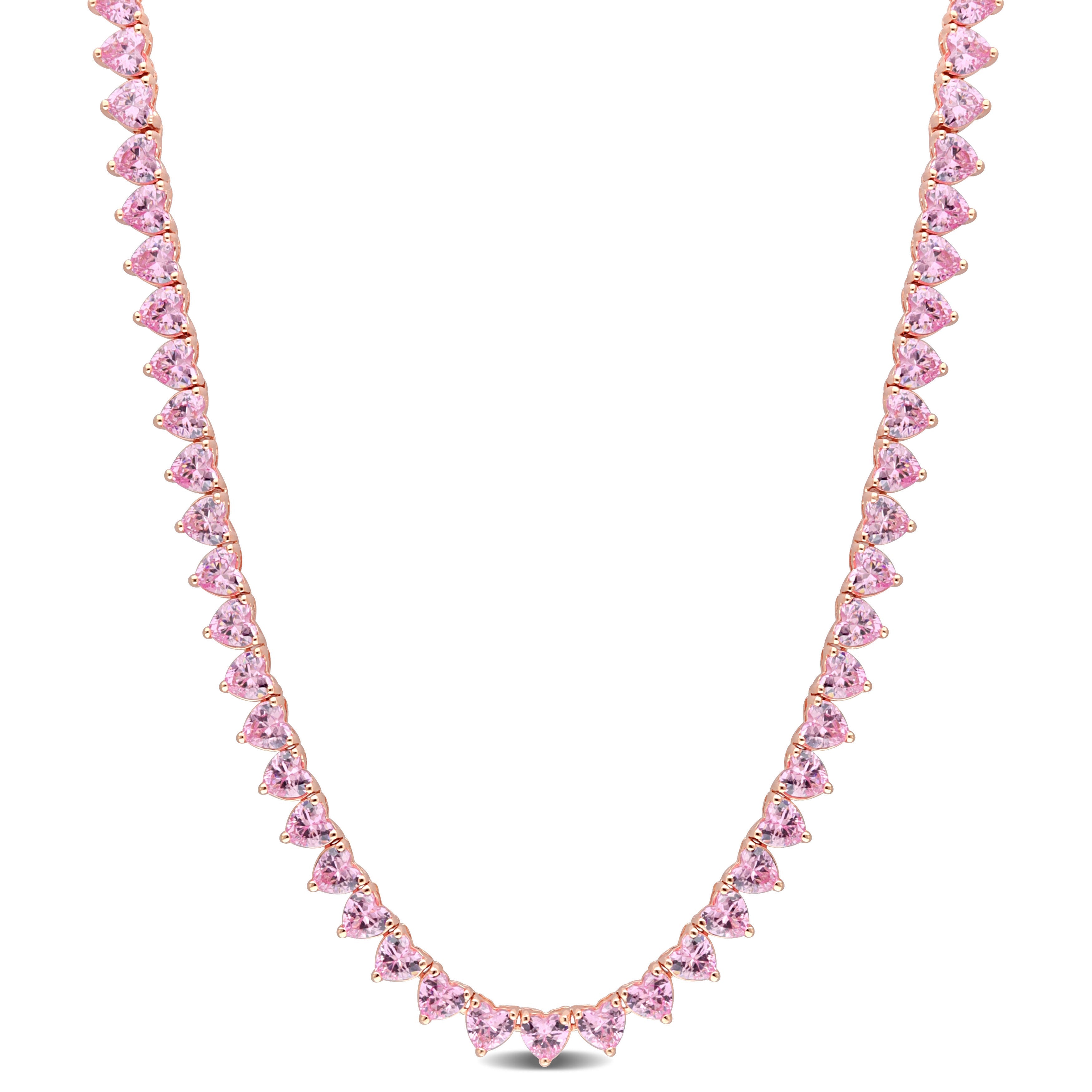 31 1/2 CT TGW Heart Created Pink Sapphire Tennis Necklace in Rose Plated Sterling Silver