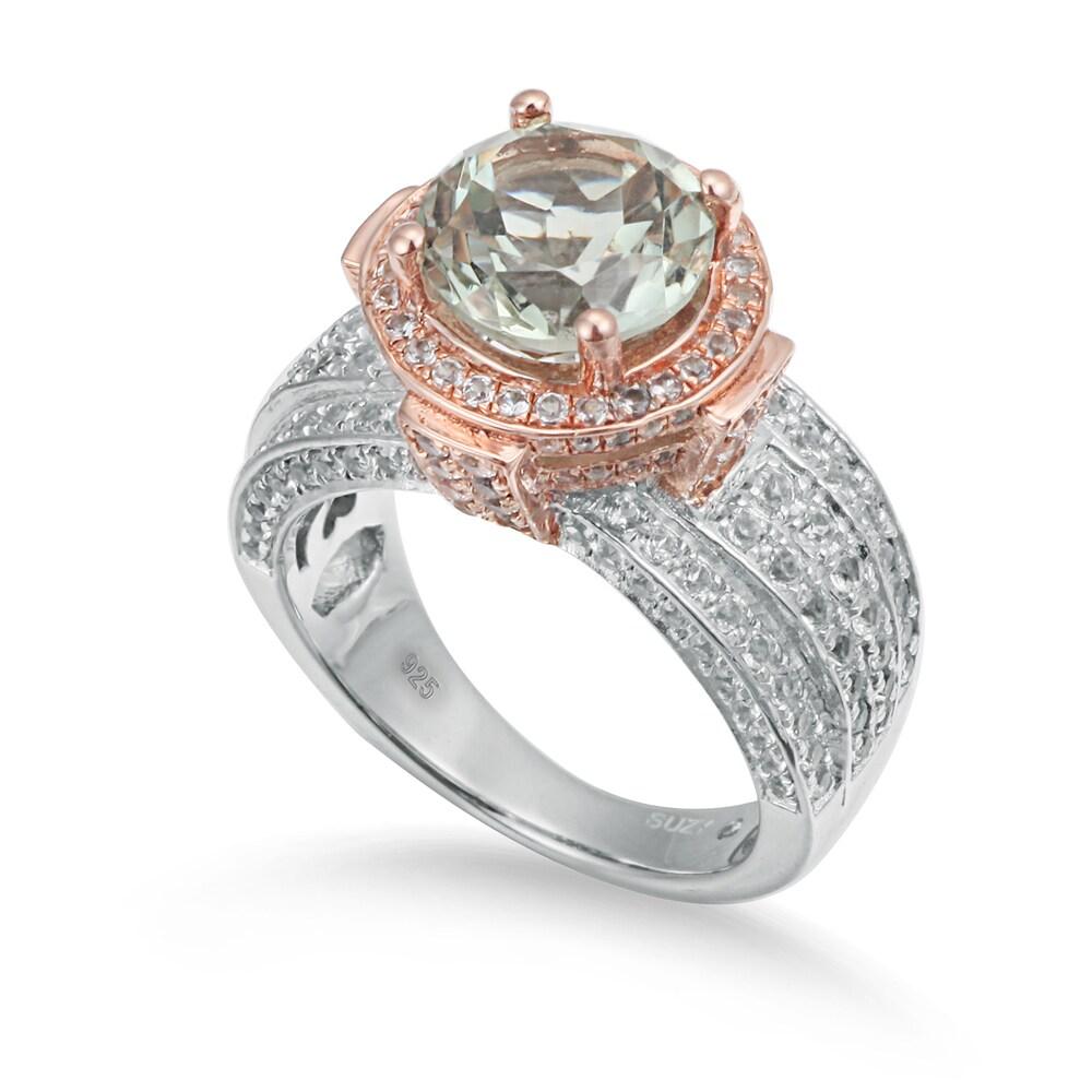 Suzy Levian Two-Tone Sterling Silver Round 5.01 cttw Green Amethyst Ring
