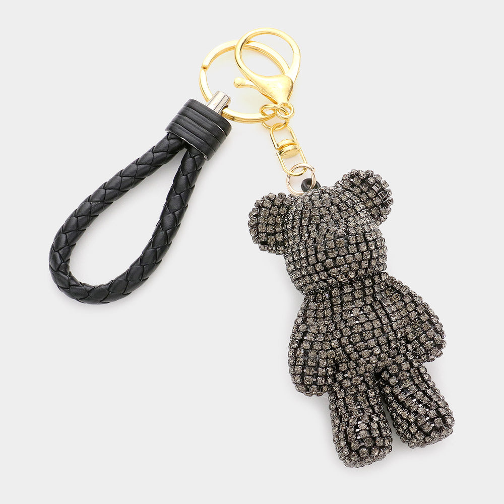 Bling Bear Figure Faux Leather Strap Keychain