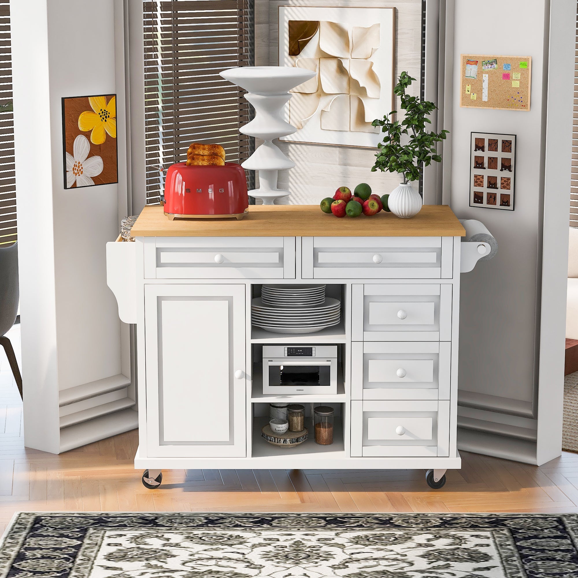 Streamdale Mobile Kitchen Cart with Rubber Wood Desktop and 5 Draws - 53"
