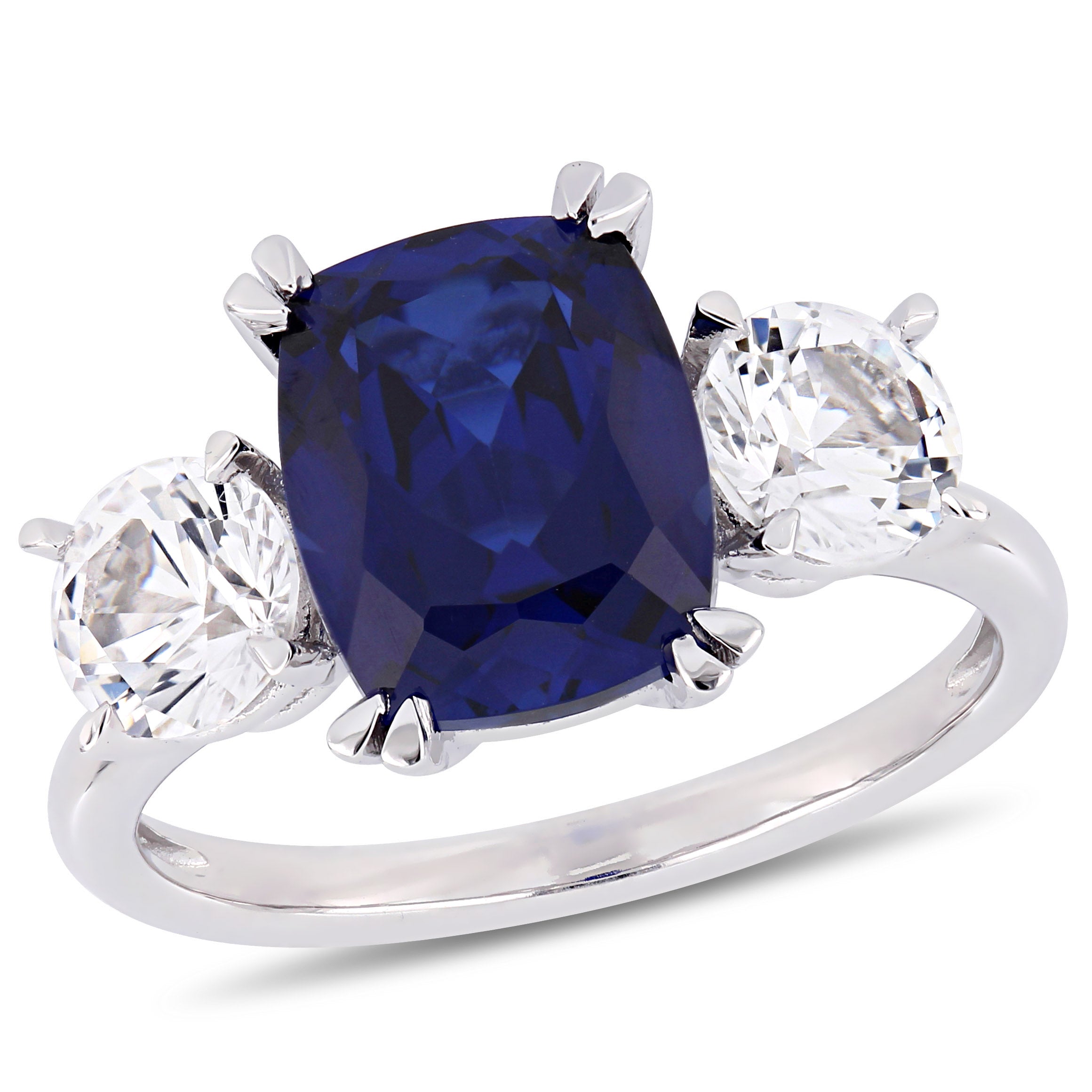 6 1/10 CT TGW Cushion-Cut Created Blue and Created White Sapphire Three-Stone Ring in 10K White Gold