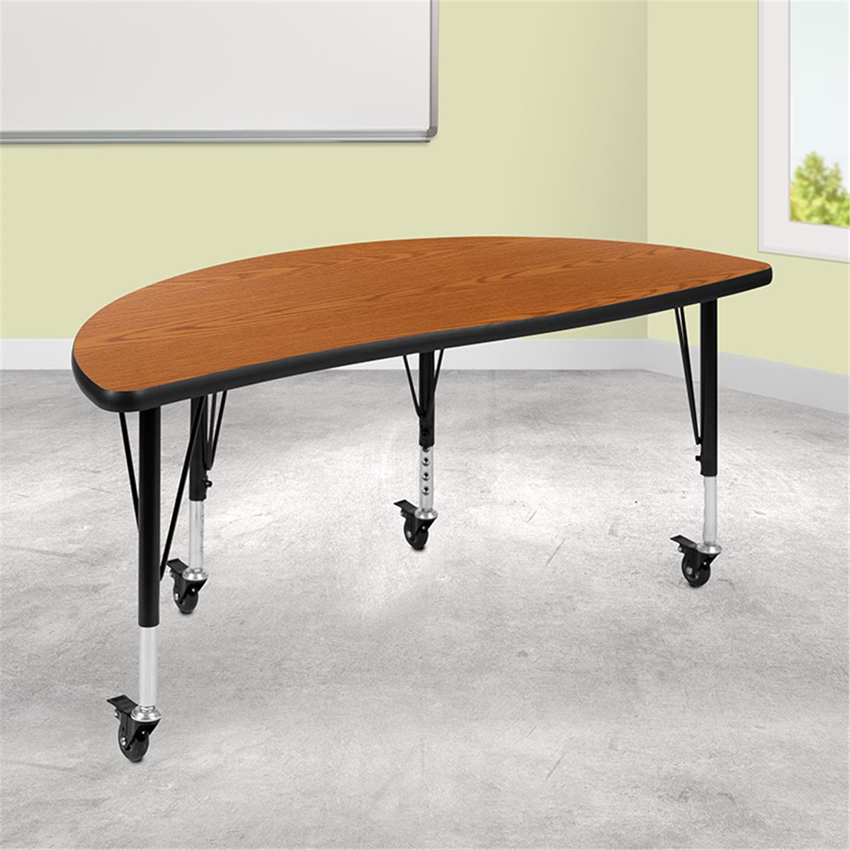 Flash Furniture  47.5 in. Mobile Half Circle Wave Flexible Collaborative Thermal Laminate Activity Table with Height Adjustable Short Legs, Oak