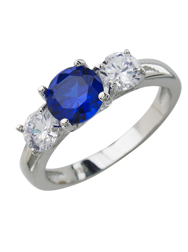 Sterling Silver Sapphire CZ Three Stone Ring