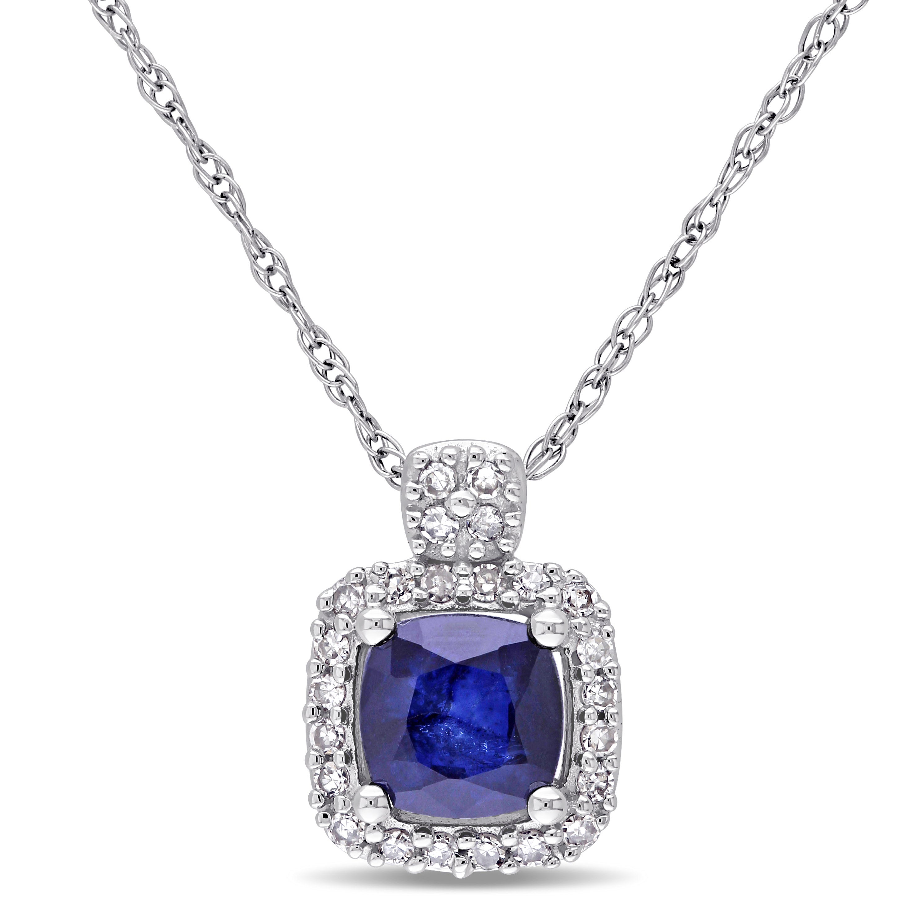 1/10 CT TW Halo Diamond and Cushion Cut Diffused Sapphire Pendant with Chain in 10K White Gold