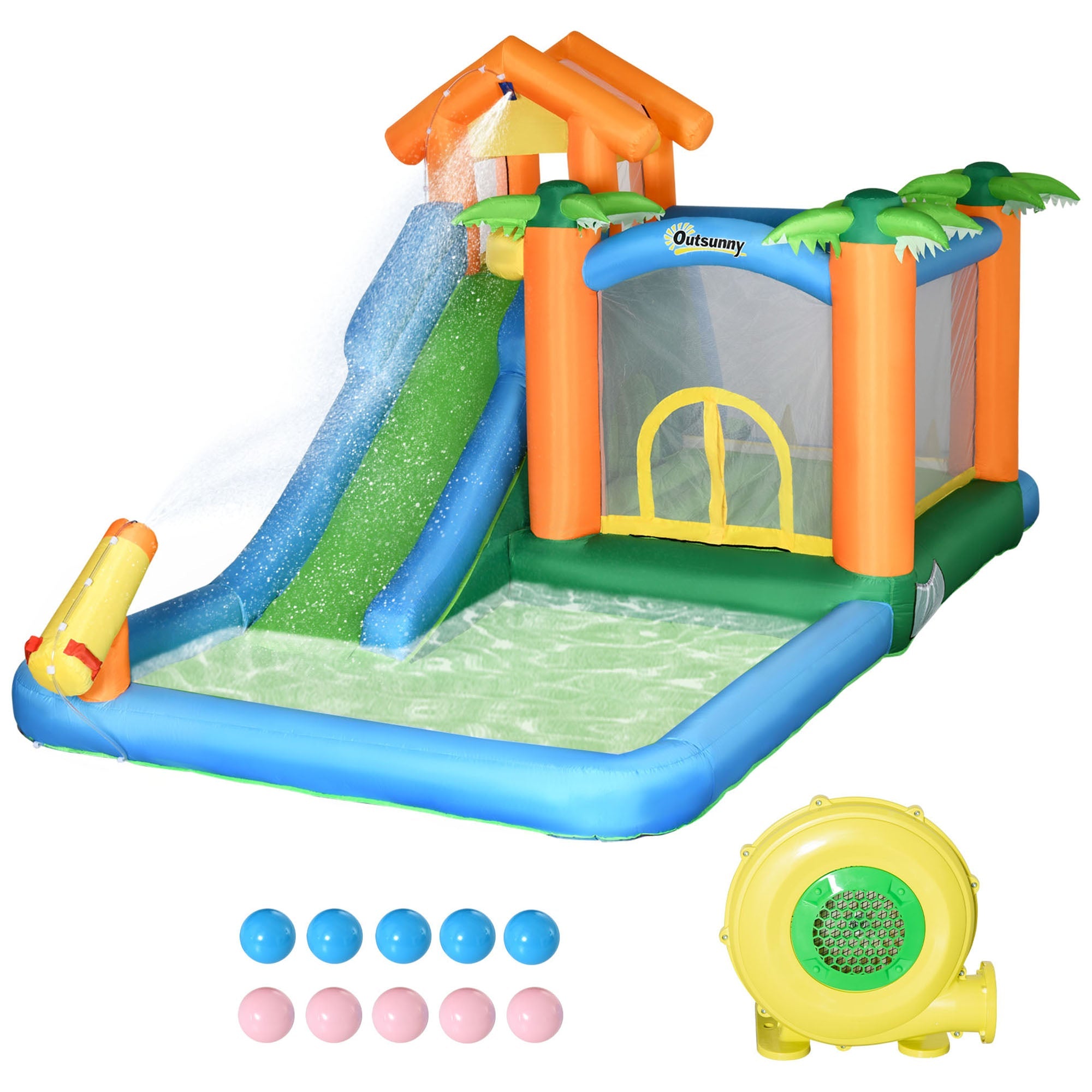 Streamdale 6-in-1 Tropical Inflatable Water Slide Summer Theme Jumping Castle Includes Floating Ball Slide Trampoline Pool Cannon Climbing Wall with Carry Bag