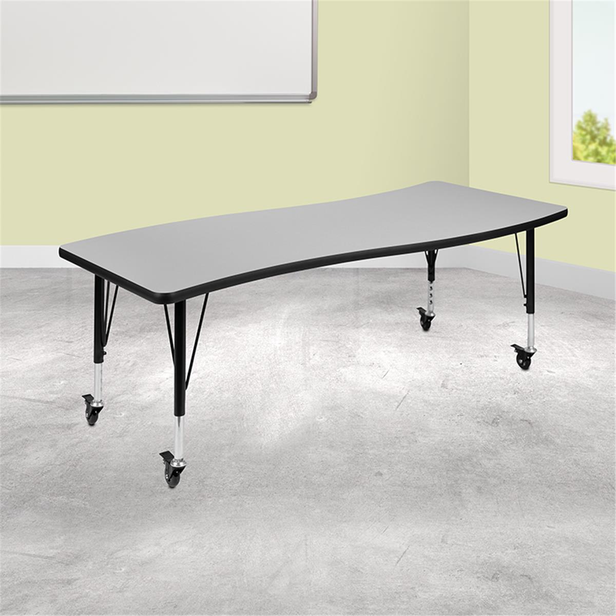 Flash Furniture  26 x 60 in. Mobile Rectangular Wave Flexible Collaborative Laminate Activity Table wth Height Adjustable Short Legs Grey