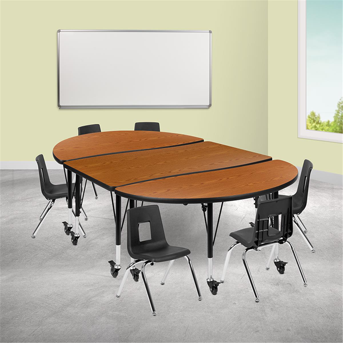 Flash Furniture  76 in. Mobile Oval Wave Flexible Laminate Activity Table Set with 12 in. Student Stack Chairs Oak & Black