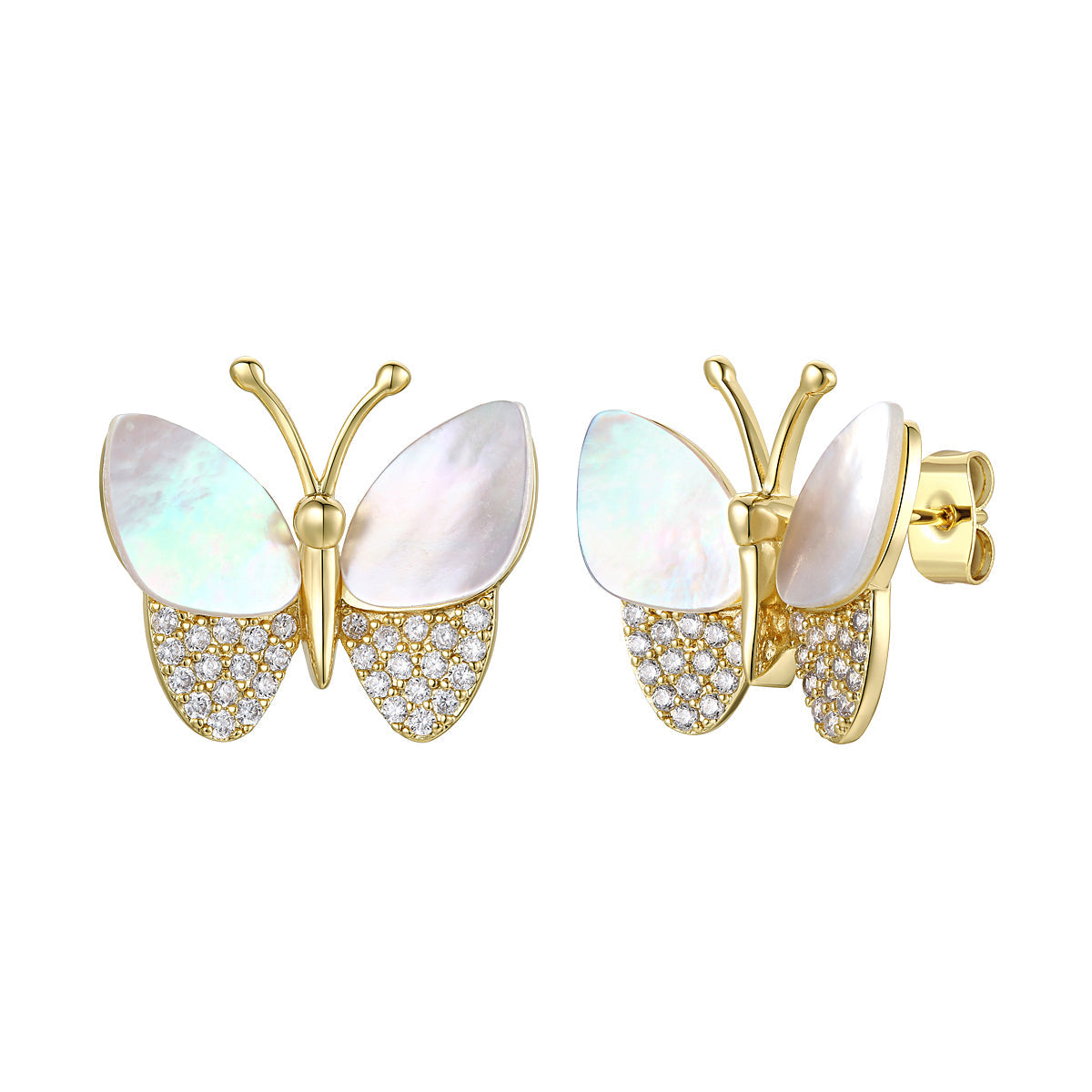 Rg Large 14k Gold Plated with Mother of Pearl & Diamond Cubic Zirconia Butterfly Stud Earrings