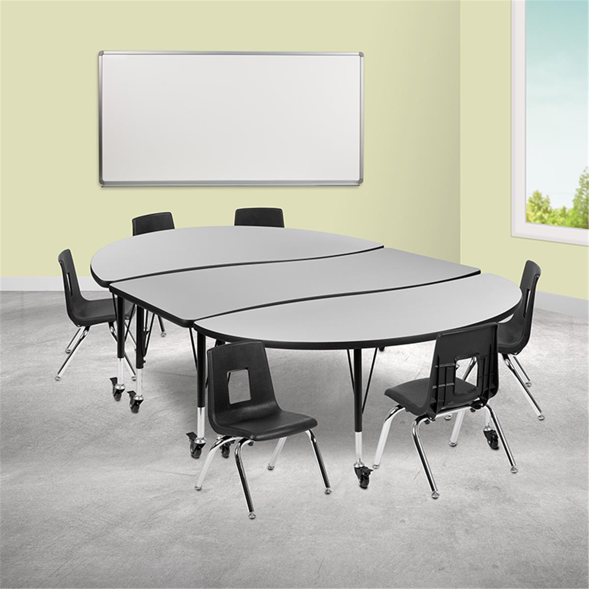 Flash Furniture  86 in. Mobile Oval Wave Flexible Laminate Activity Table Set with 12 in. Student Stack Chairs Grey & Black