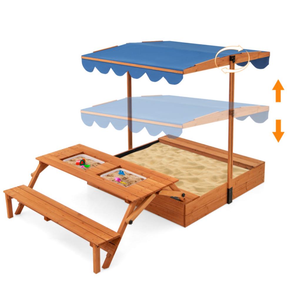 Hivvago Kids Wooden Sand Box with Foldable Picnic Sensory Table and Bench-Natural