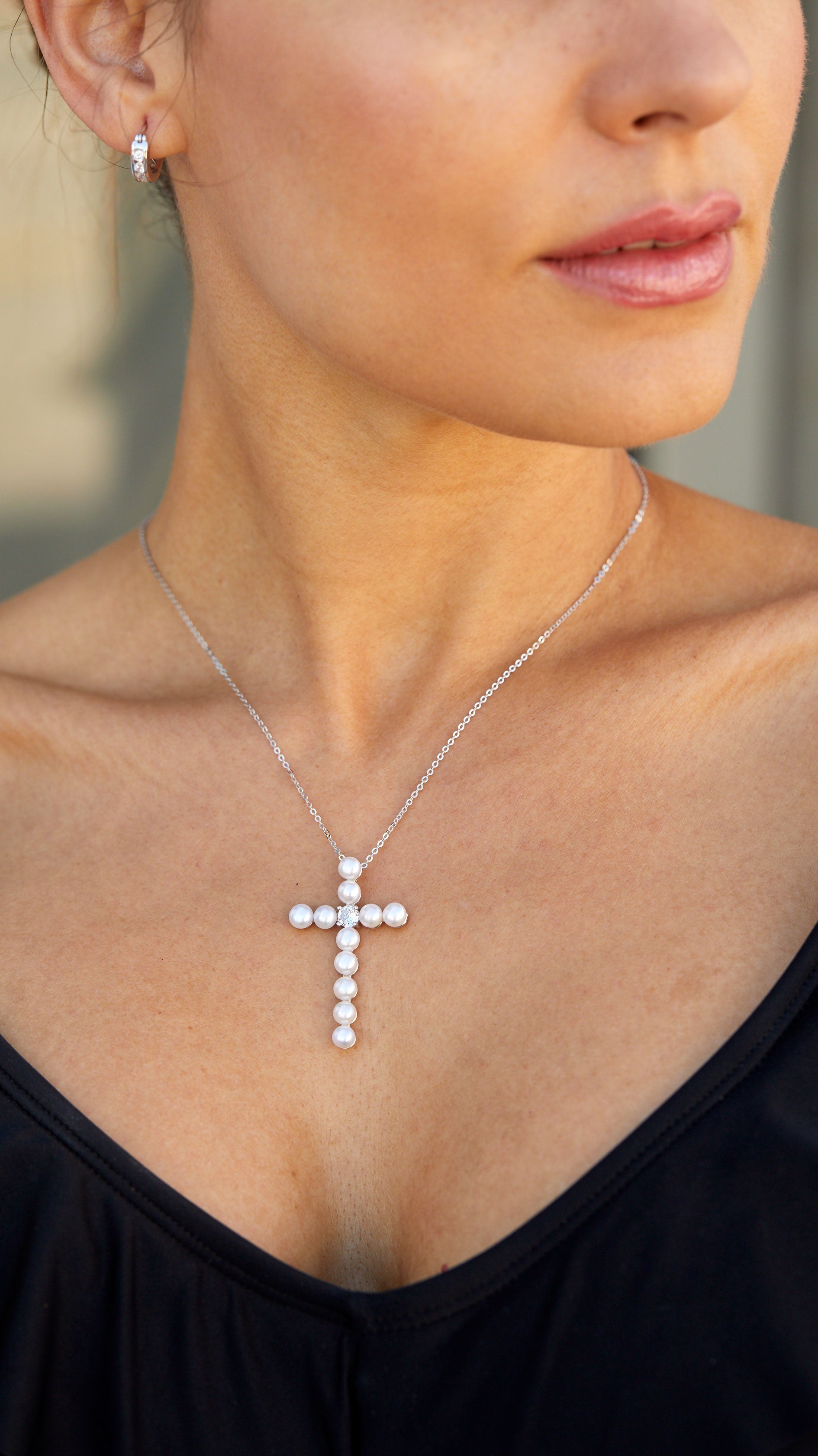 Sterling Silver 5.5Mm  Cultured Freshwater Pearl Cross