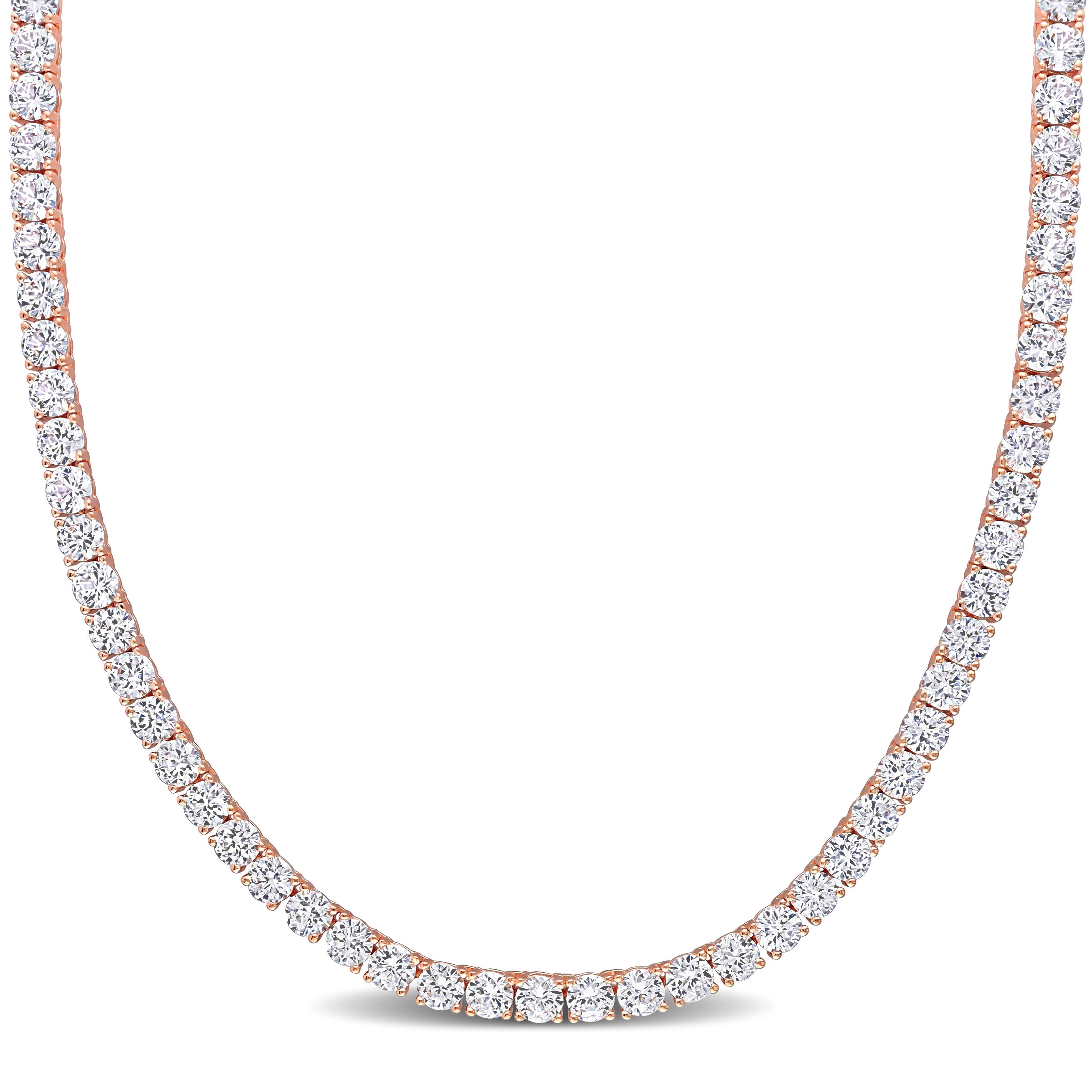 33 CT TGW Created White Sapphire Tennis Necklace in Rose Plated Sterling Silver